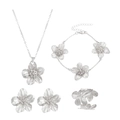 Silver flower jewelry set including necklace bracelet earrings and open ring with texture - Silver 4-Piece Set: Earrings + Necklace + Bracelet + Ring