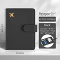 Porta passaporto nero in pelle RFID con logo aereo e scomparti per carte multipli - Nero