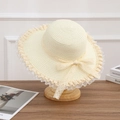 Elegant beige straw sun hat for women with delicate lace ribbon and ruffled brim - Lace Small Knot - Creamy White