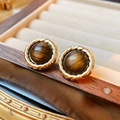 Vintage gold stud earrings featuring brown cat eye stone with woven metal border - Silver Earring Post Woven Hoop Cat Eye Stone Stud Earrings
