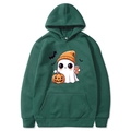 Dark green Halloween hoodie with cartoon ghost and pumpkin print for men and women - Dark Green