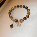 Tiger eye beaded bracelet with gold butterfly charm and frosted orange beads - 92# Elastic Bracelet-Coffee Tiger Eye-Gold Butterfly