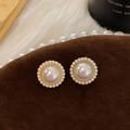French vintage pearl stud earrings featuring a large pearl with gold plating and halo rim - Full Circle Tiny Pearl Stud Earrings