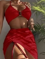 Detail of red halter top with metal ring and matching drawstring side slit skirt - Red