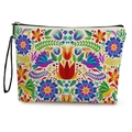 Borsa da trucco in tela stile Otomi con motivi floreali e di uccelli colorati e zip nera - Stile 2-Sfondo Beige con Stampa Simmetrica di Fiori e Uccelli