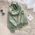 Soft pale green cashmere-feel scarf with fringe details and wool blend fabric - 200*65cm / Olive Green