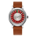 Macro detail of men's roulette watch face with brown leather strap and silver metal case - QT918 Light Brown Strap Silver Case Silver Face