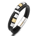 Bracciale multistrato in pelle intrecciata nera da uomo con chiusura magnetica mista - Bicolore Oro e Argento