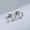Polished silver stainless steel hollow hoop earrings with a secure screw ball back - Letter O (T55662) / Silver