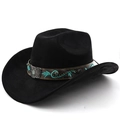 Détail de chapeau de cowboy en daim noir avec broderie florale et boucle de papillon - M (56-58cm) / Noir