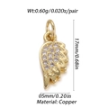Detailed view of 18K gold wing pendant with clear zircon inlay and specific dimensions - Rhinestone Wings Shape (006-05)