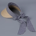 Lafite straw sun visor with vintage gingham ribbon bow and elegant long streamers - M(56-58cm) / Blue Plaid