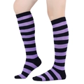 Detail of purple and black striped knee-high socks showing the elastic ribbed cuff - With Heel / Black and Purple Wide Stripe