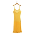 Yellow hollow-out knitted maxi dress with ruffle hem and thin straps on white background - S / Lemon Yellow
