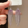 Silver bow tassel earrings with purple step-cut stones and white zircon fringes - 53# Ear Hook - Silver - Purple
