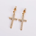 Golden stainless steel cross stud earrings with sparkling rhinestones on white background - Gold White Zirconia