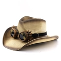 Steampunk western cowboy hat with vintage goggles and gear details on white background - M(56-58cm) / Beige Coffee Spray