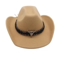 Khaki western cowboy hat with ethnic braided band and silver metal bull head ornament - One Size / Camel