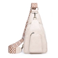Beige PU leather crossbody sling bag with a brown patterned wide woven strap - Off White