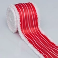 Detail of red striped holiday ribbon featuring white faux fur edges for Christmas decor - Red White Striped Plush Edge (Style 4)