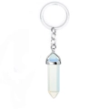 Detail view of light blue hexagonal crystal pendant keychain with silver metal ring - Opalite