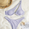 Light purple ribbed one-shoulder bikini set with metallic detail and high-cut bottom - XS / Purple
