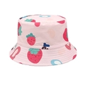 Close-up of pink bucket hat with cute strawberry and heart patterns and reinforced brim - Head Circumference 52-54cm / Light Pink