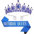 Blue rhinestone crown and glitter Birthday Queen sash set for party celebrations - Holographic Dark Blue (Queen)