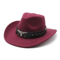 Detail of burgundy wool cowboy hat with leather band and metal bull head emblem - M (56-58cm) / Burgundy