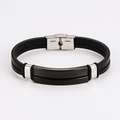 Detail of multi-layer black braided leather bracelet with stainless steel clasp and engraving - Black