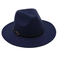 Detail of navy wool fedora with a black leather band and a polished gold buckle - One Size / Navy Blue (Single Band)