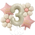 Balloon set featuring a sandy beige number 3, daisies, and pink stars for birthday decor - Daisy Number Set 3