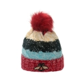 Striped winter knit beanie for women with large faux fur pompom and bee embroidery - M(56-58cm) / Red