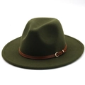 Classic dark green wool fedora hat with a brown leather belt buckle in British style - Army Green