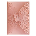 Laser cut pink wedding invitation with intricate lace floral pattern and butterfly buckle - Pink