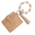 Beaded silicone bracelet keychain with khaki PU leather card holder and tassel - Khaki