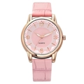 Elegant rose gold women's quartz watch with pink leather-textured strap and minimalist dial - Pink