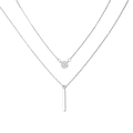 Silver layered necklace with sparkling circular pendant and a minimalist metal bar pendant - Silver Zircon Disc & Bar Style (4397)
