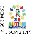 Macro shot of Autism Awareness Day embroidered patch with size dimensions and puzzle design - Ribbon and Puzzle Handprint Style (No. 13)