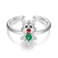 S925 sterling silver Christmas reindeer open ring with green heart zircon and red nose detail - Adjustable Open (US Size 8) / Christmas Reindeer Style (BSR493-E)