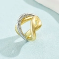 Detail of 18K gold and silver two-tone interlaced twisted ring with cable textures - Adjustable Open / Gold & Silver Two-Tone - Twisted Rope