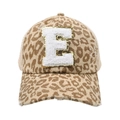 Detail of leopard print ponytail baseball cap with chenille letter E patch and mesh back - Leopard-Letter E