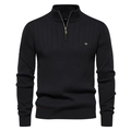 Men's slim fit black half-zip sweater with high neck and ribbed knit texture - Black