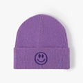 Purple knit beanie with a dark purple embroidered smiley face on a ribbed texture - One Size / Heather Purple