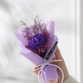 Handcrafted purple carnation and pink baby's breath mini bouquet in purple wrapping - Medium Purple Carnation