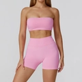 Pink seamless yoga set featuring a cropped tank top and high-waisted ribbed sports shorts - S / Bra + Shorts / Bubble Pink