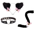 Three-piece cat cosplay set featuring plush ears, furry tail, and a leather choker - Pure Black Cat Ears + Cat Head Choker + Tail