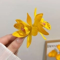 Exotic yellow mesh orchid hair clip with realistic fabric petals and purple speckled center - Yellow Cymbidium