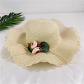 Detail of beige straw sun hat with wavy brim and decorative pink silk roses with leaves - Adult M / Beige