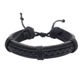 Detail of multi-layer black braided leather bracelet with adjustable cord knots - Adjustable / Black